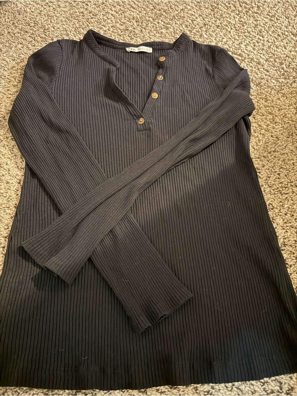 Zara Black Ribbed Henley Long Sleeve Top Size XL